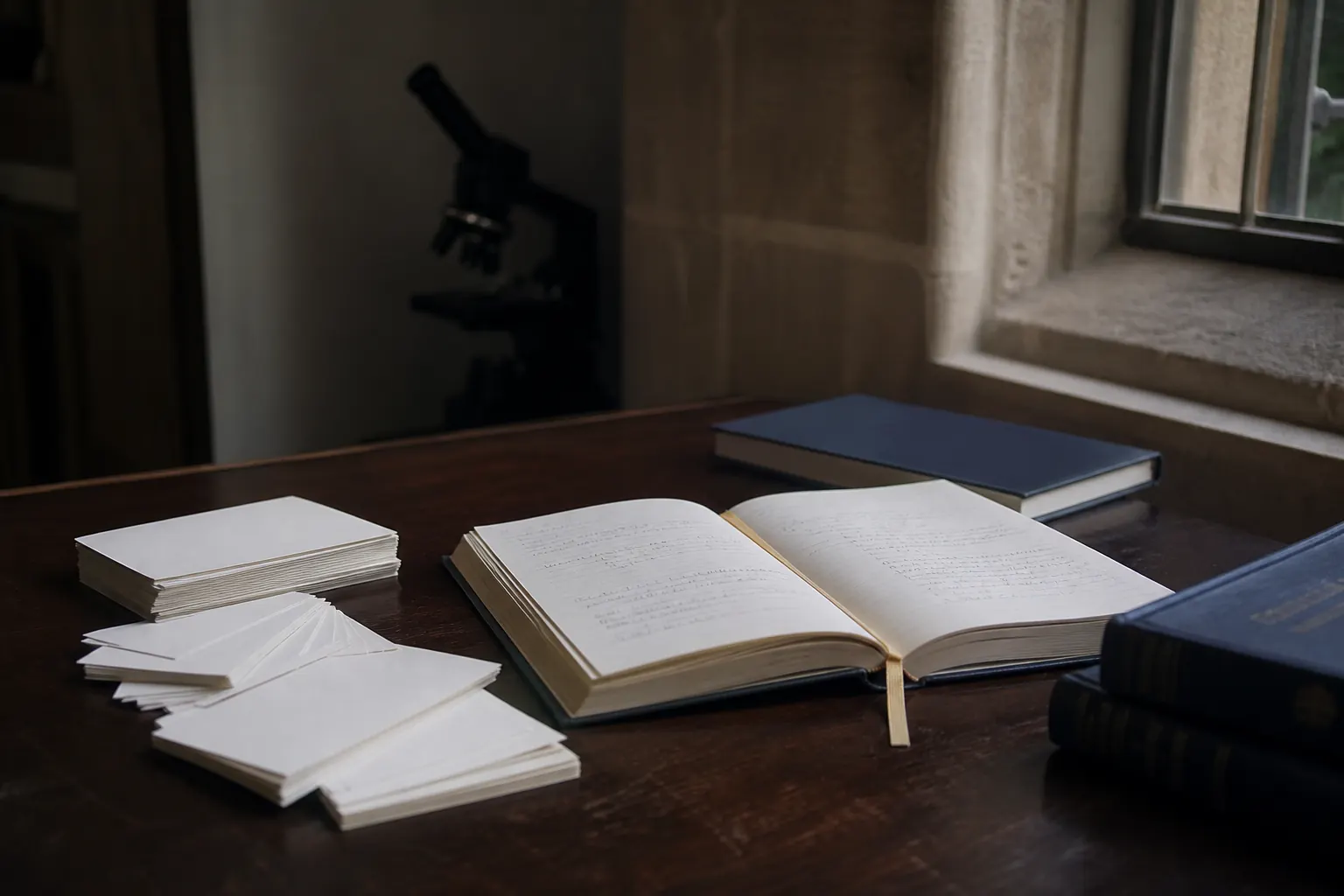 Open notebook and microscope by a stone window for A Level science after Combined GCSE