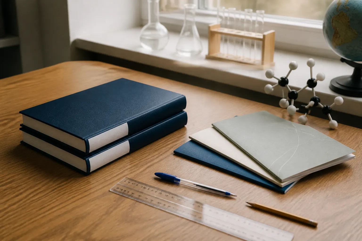 Navy exercise books and stationery on a British school desk for Combined vs Triple Science