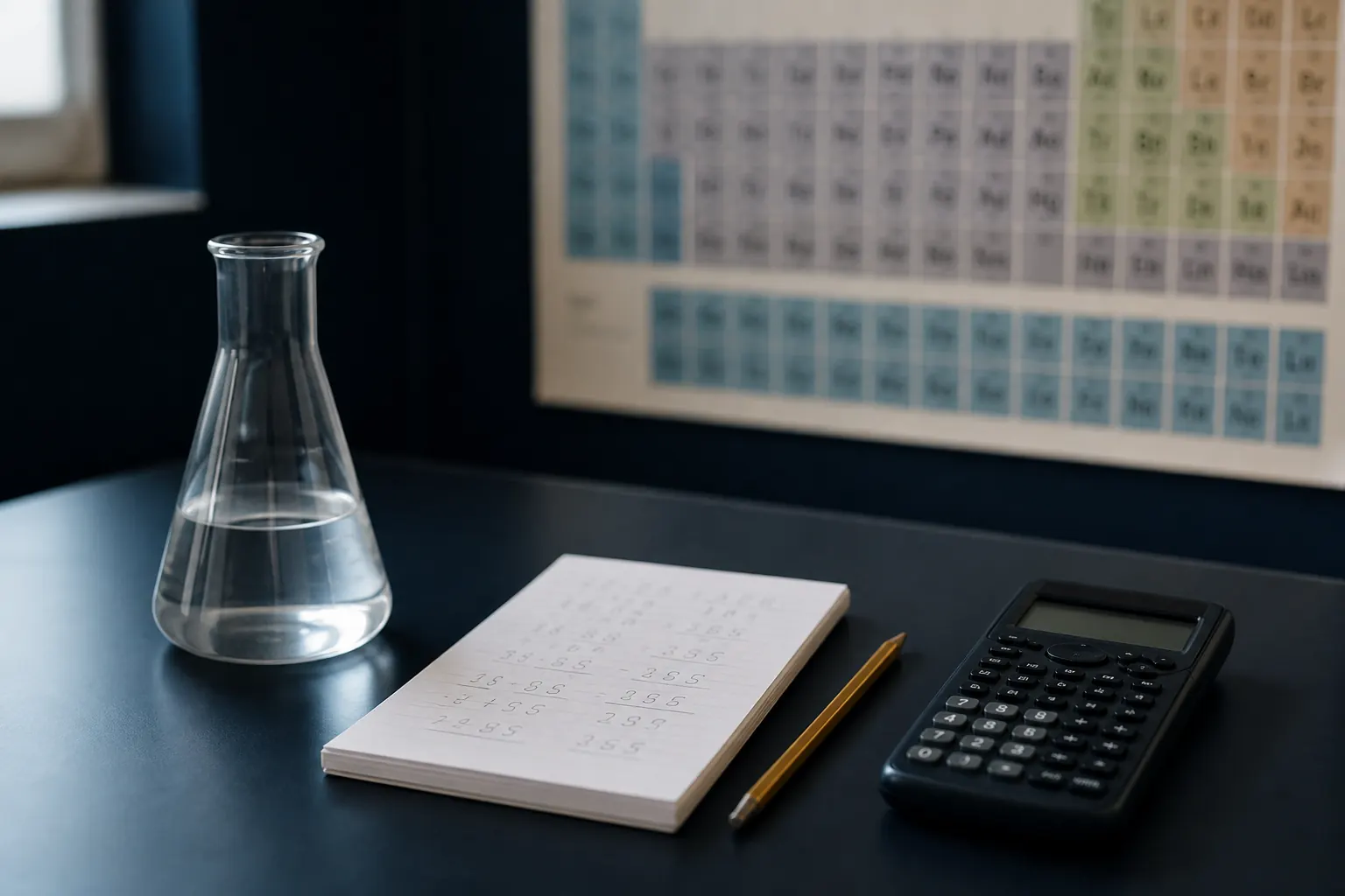 Conical flask, calculator and moles calculation pad on a GCSE Chemistry desk