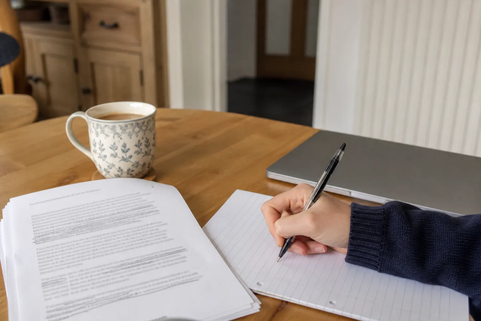 GCSE English Language extract and lined paper on a British kitchen table with a mug of tea