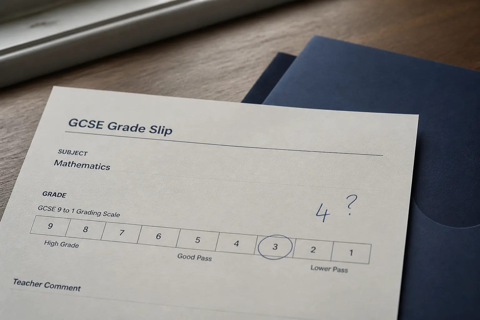 Close-up of a generic GCSE 9 to 1 grade slip on a wooden table with a 3 and 4 marked