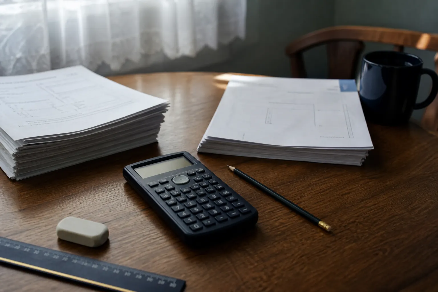 Scientific calculator and GCSE Maths papers on a UK kitchen table for Foundation vs Higher