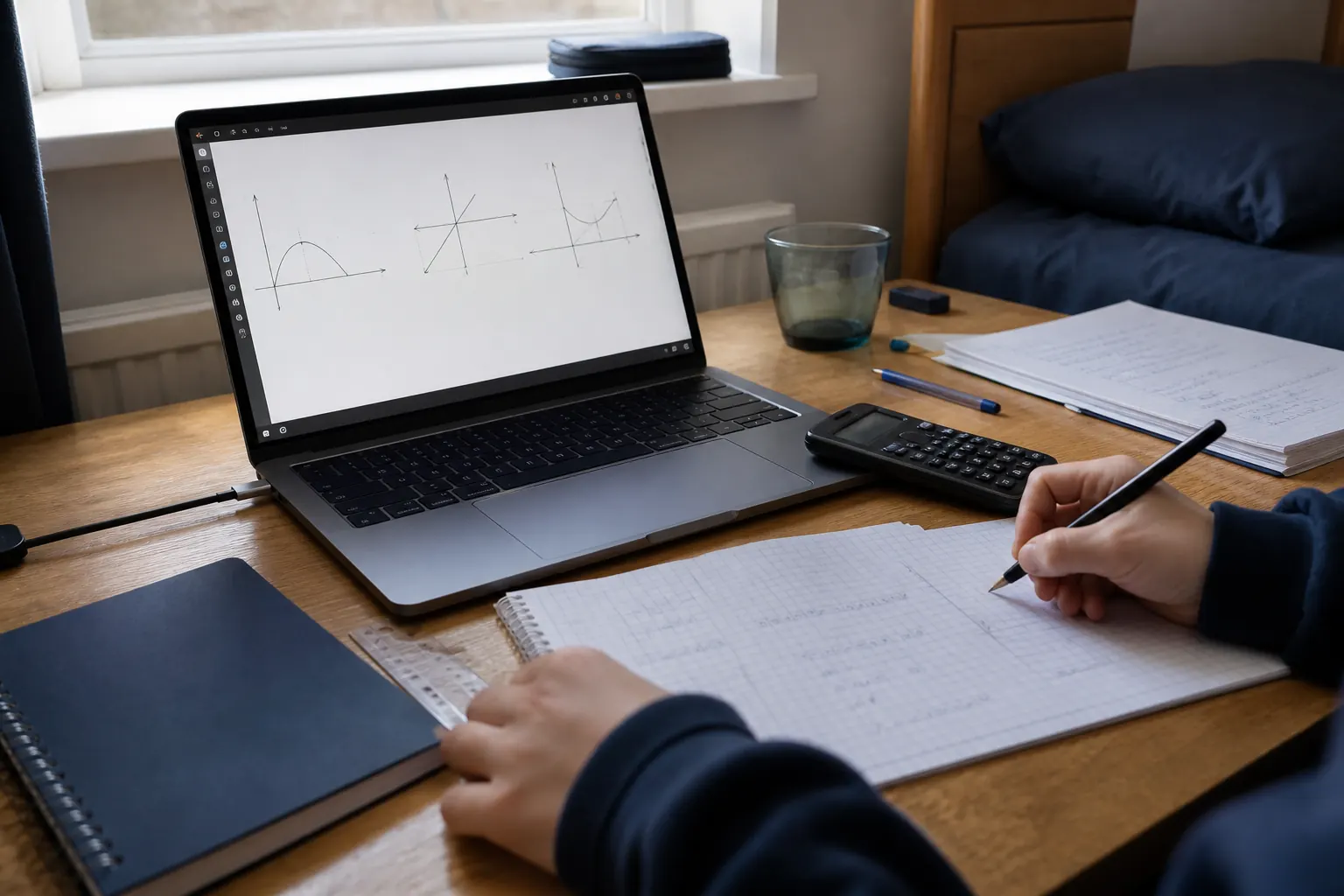 Student working through GCSE Maths on a laptop at a UK home desk with a calculator and notebook