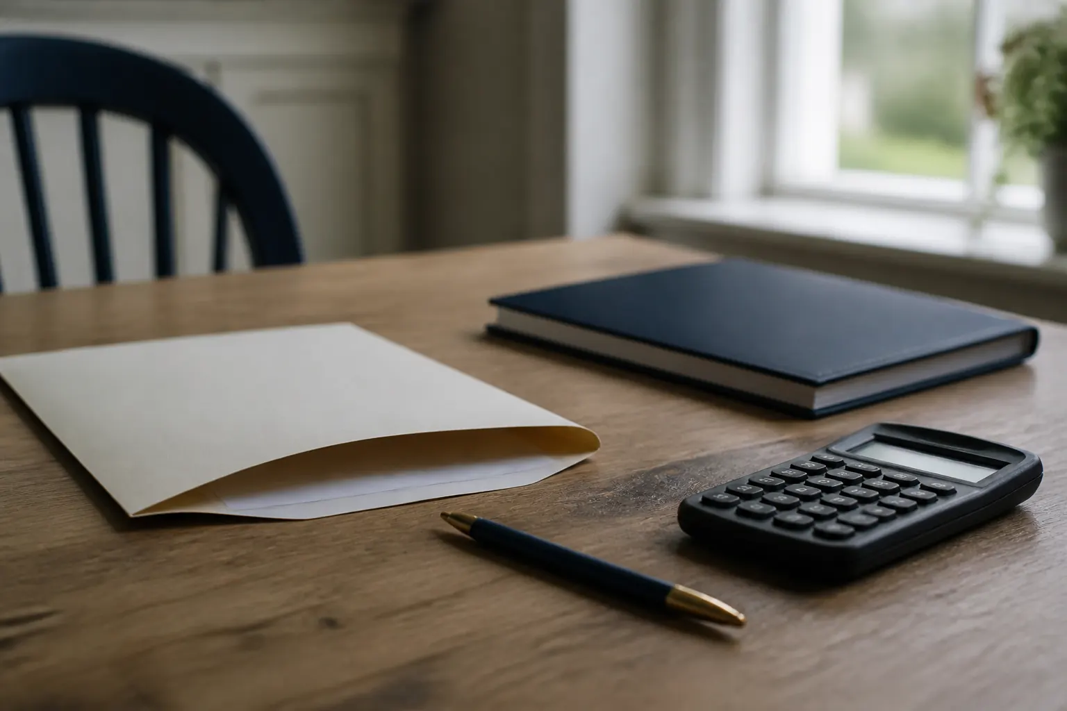 GCSE results envelope, calculator and navy notebook on a British kitchen table after results day