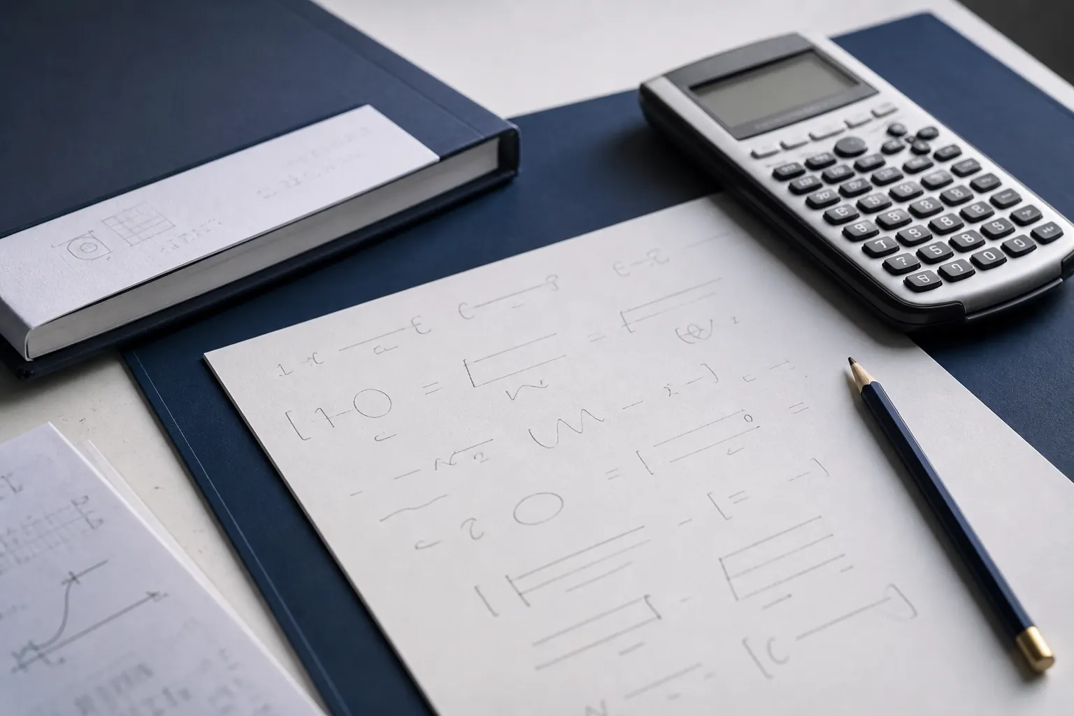 GCSE Physics equation sheet, calculator and pencil on a quiet UK study desk