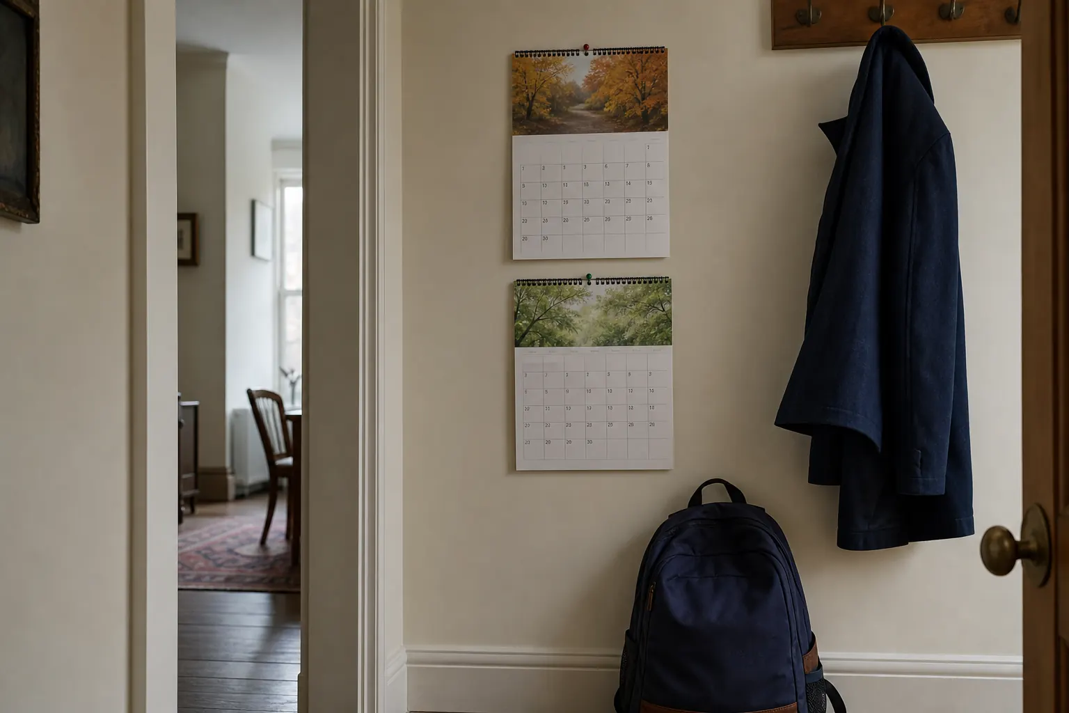 British hallway with two calendars pinned for an autumn exam sitting and a summer exam sitting