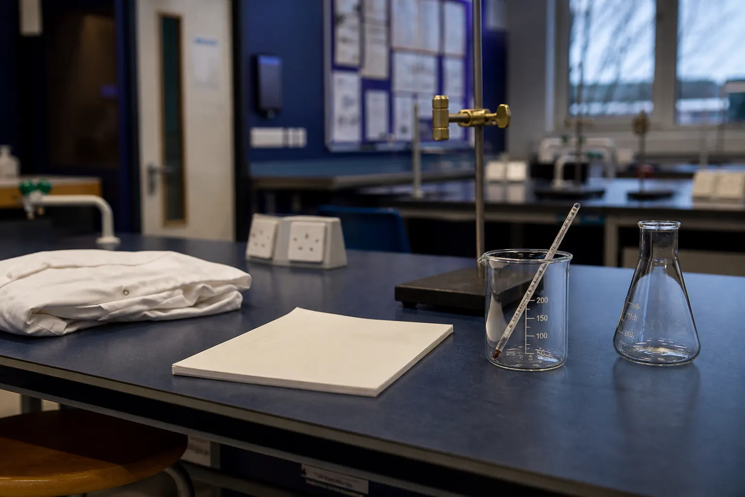 UK school science lab bench with glassware and blank practical write-up pad