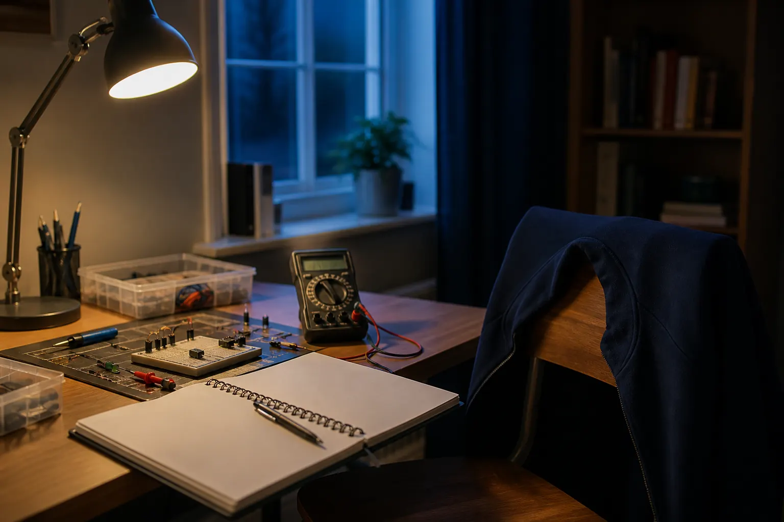 Circuit kit, multimeter and Physics workbook on a UK home study desk