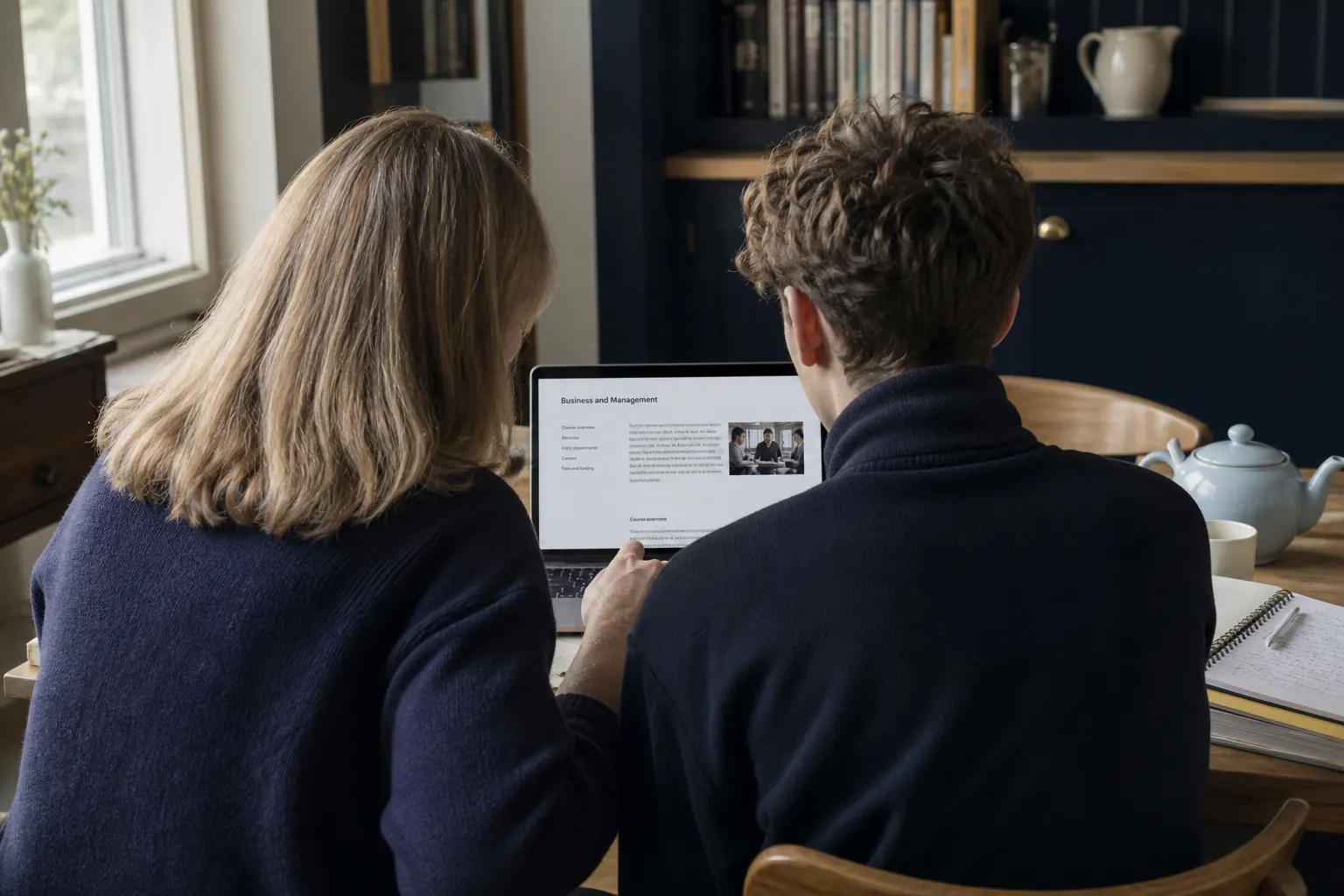 Parent and sixth-form student at a kitchen laptop reviewing a university course page