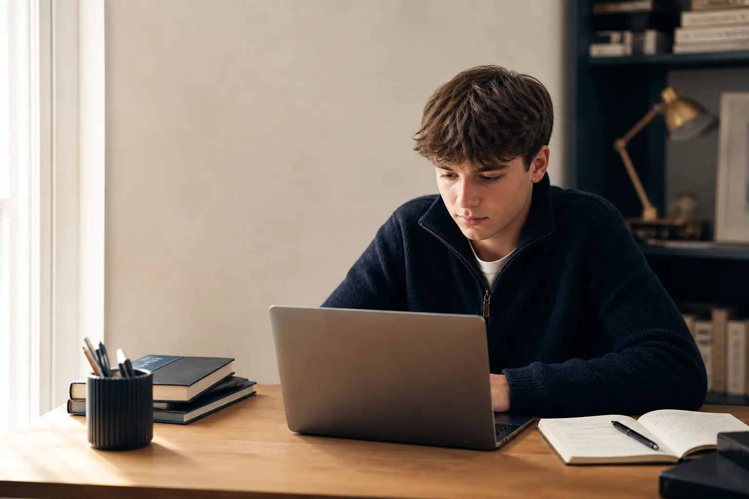 Student studying one-to-one style at a home desk with a laptop — Nexus Academy online tutoring
