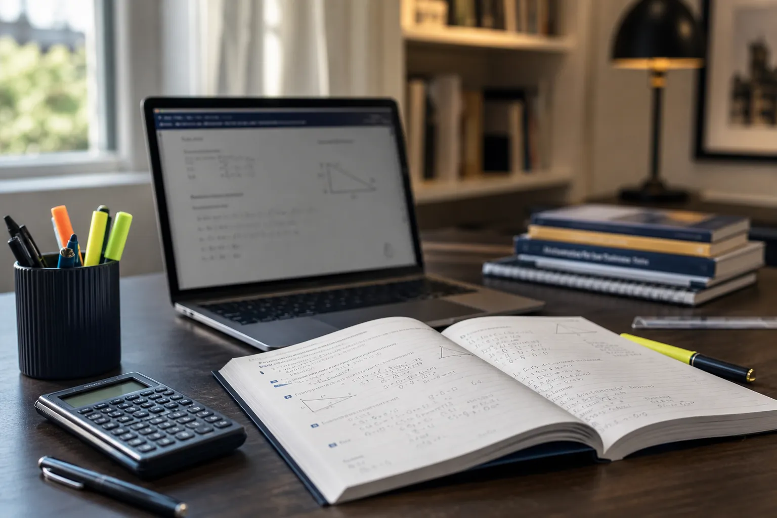 GCSE revision desk with workbook, calculator and notes — Nexus Academy
