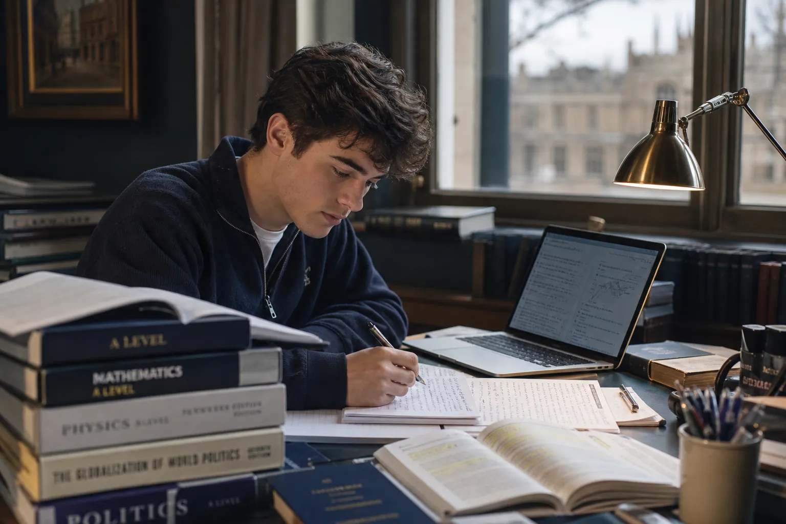 A Level student studying with textbooks and laptop — Nexus Academy