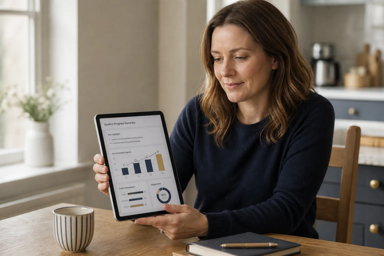 Parent reviewing a student progress report on a tablet at home — Nexus Academy