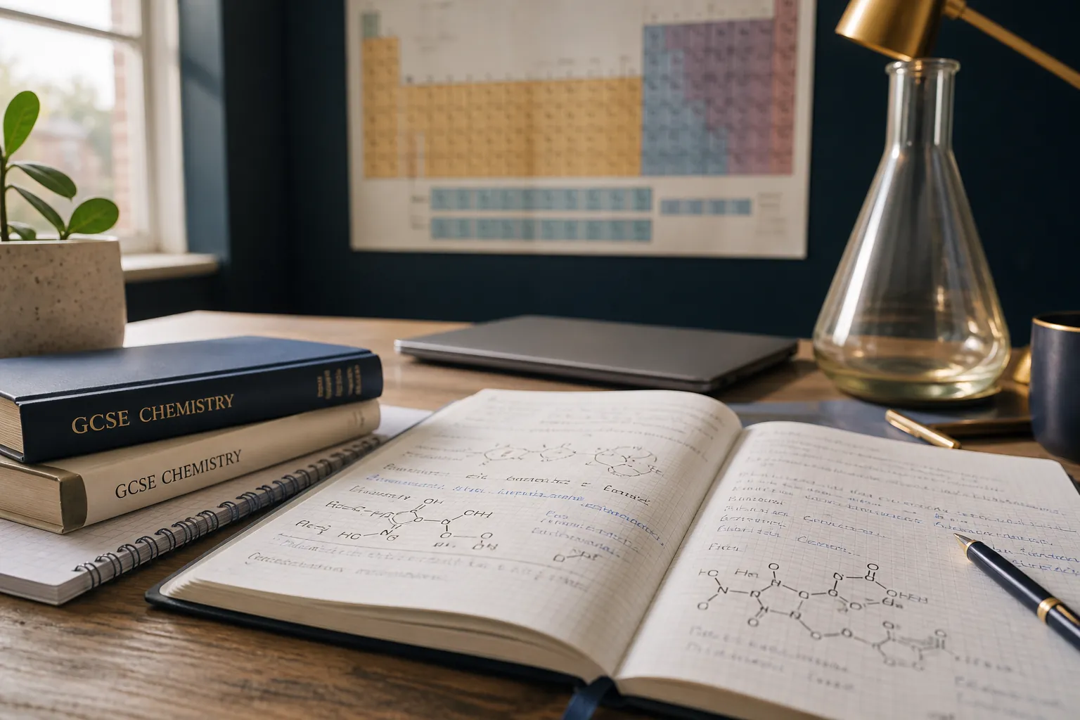 Chemistry study notes and desk setup — Nexus Academy