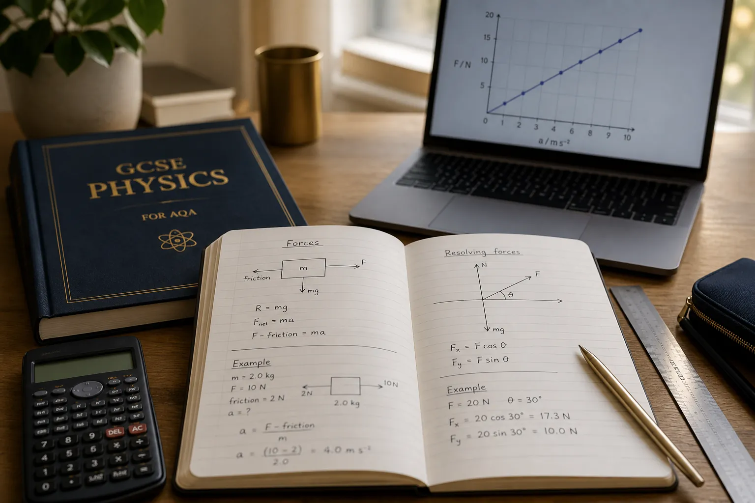 Physics equations and calculator on a study desk — Nexus Academy