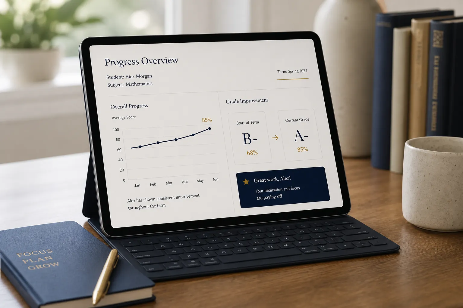 Tablet showing a student progress overview with grade improvement — Nexus Academy