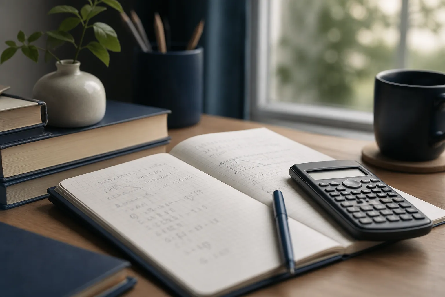 Mathematics study desk with notebooks and laptop — Nexus Academy maths tutoring