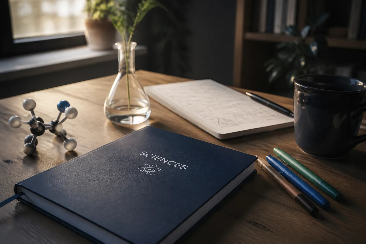 Science revision notes and laptop for online biology, chemistry and physics tutoring