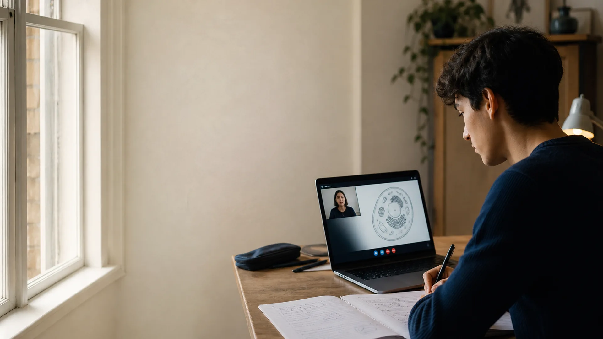 Year 11 student in an online IGCSE Biology tutoring session at a UK home desk — Nexus Academy