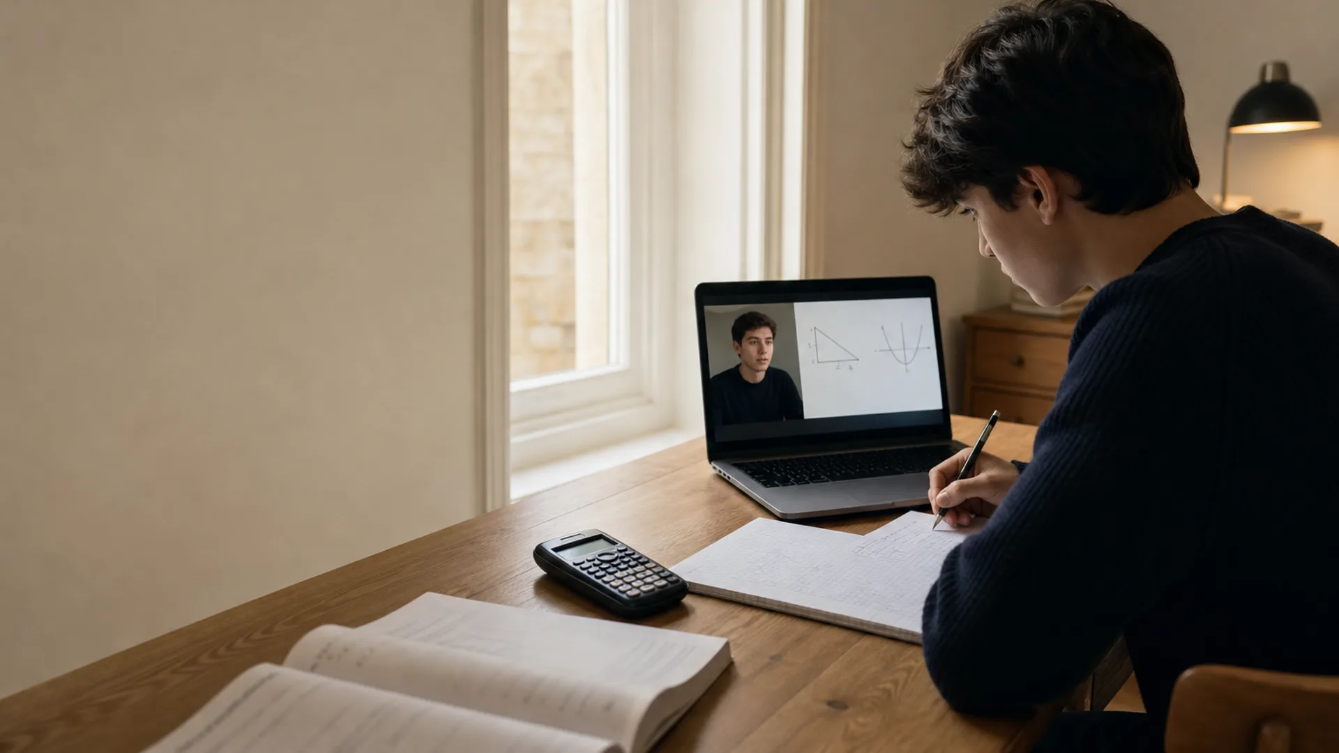 Year 11 student in an online IGCSE Maths tutoring session at a UK home desk — Nexus Academy