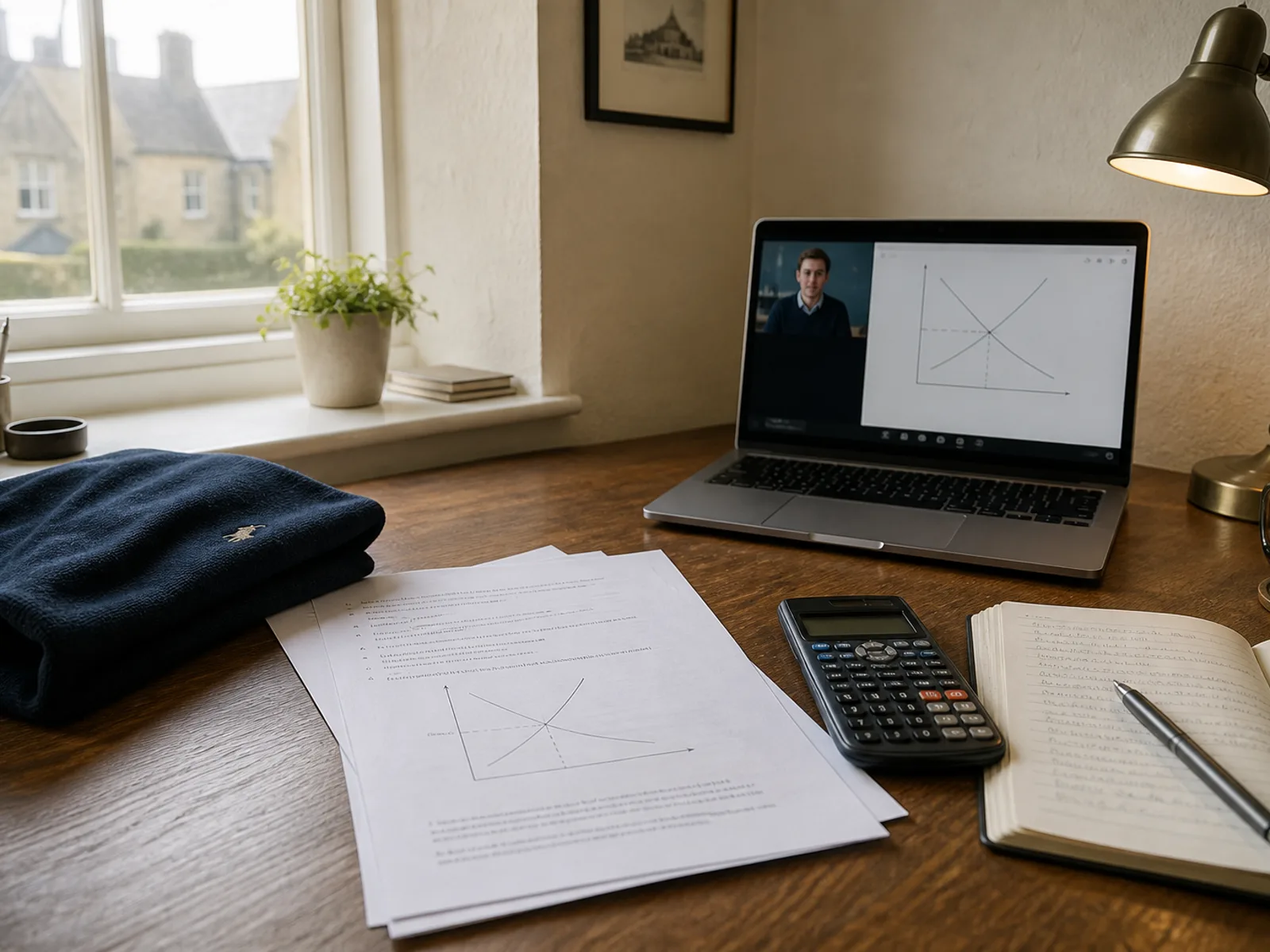 Online IGCSE Economics tutoring at a home study desk with graphs, notes and laptop — Nexus Academy