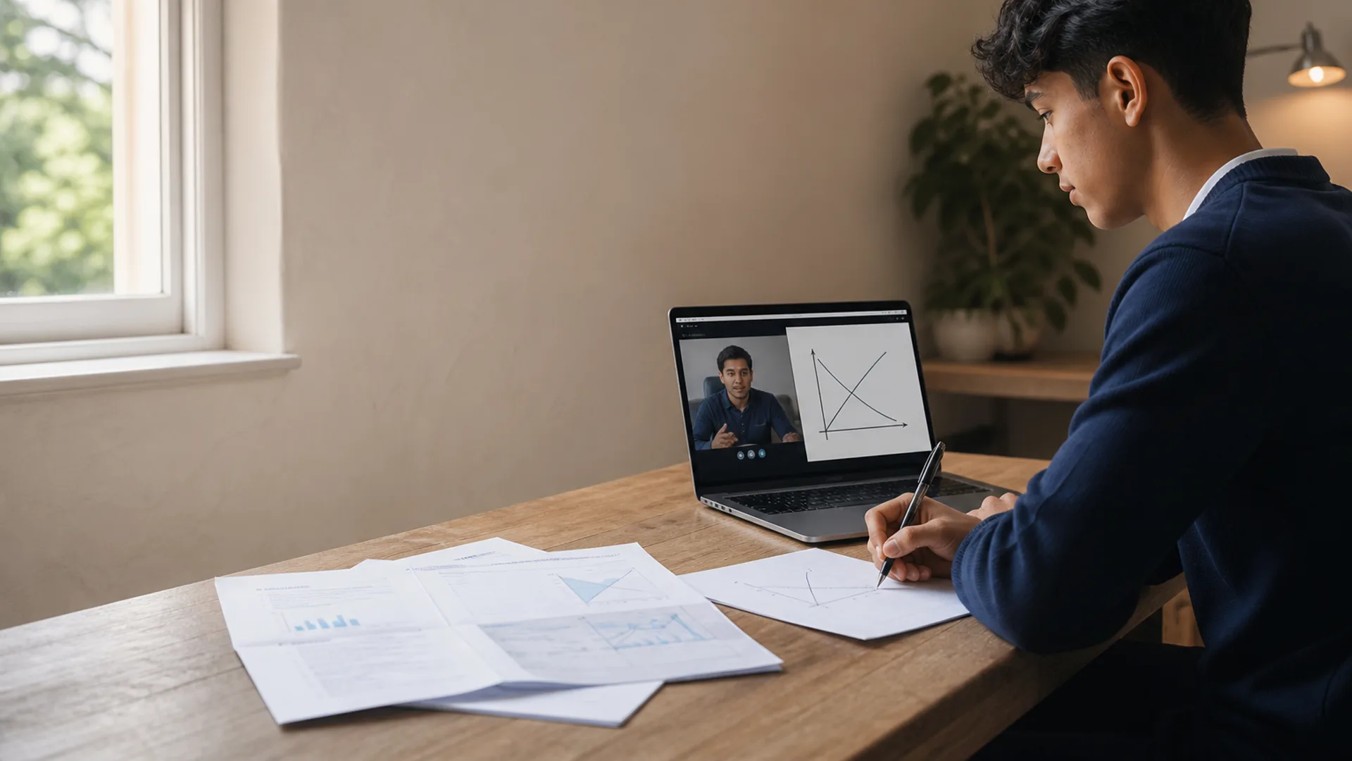 Year 11 student in an online IGCSE Economics tutoring session at a UK home desk — Nexus Academy