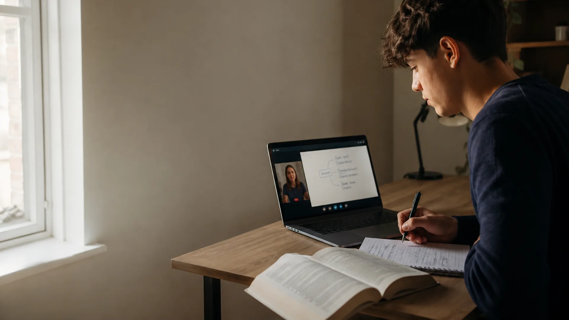 Year 12 student in an online A Level English Literature tutoring session at a UK home desk — Nexus Academy