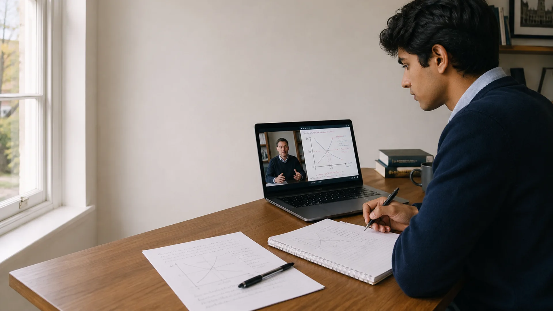 Year 13 student in an online A Level Economics tutoring session at a UK home desk — Nexus Academy