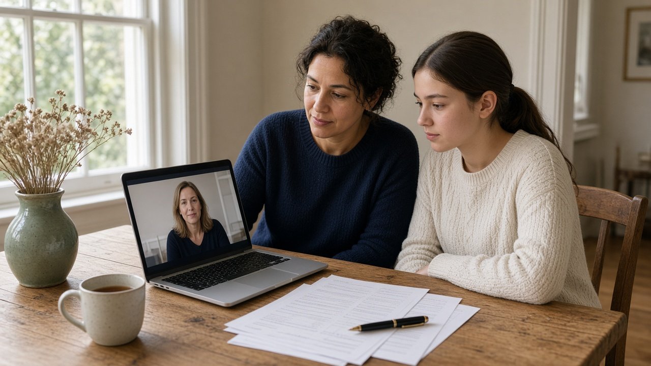 Parent and teenager planning GCSE home education at a UK kitchen table with a laptop — Nexus Academy