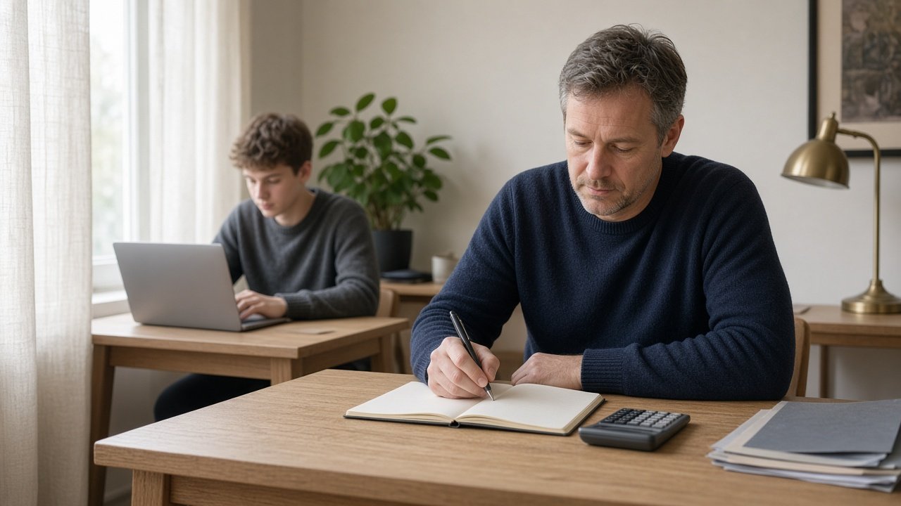 Parent planning homeschool GCSE costs at a home desk while a student studies online — Nexus Academy