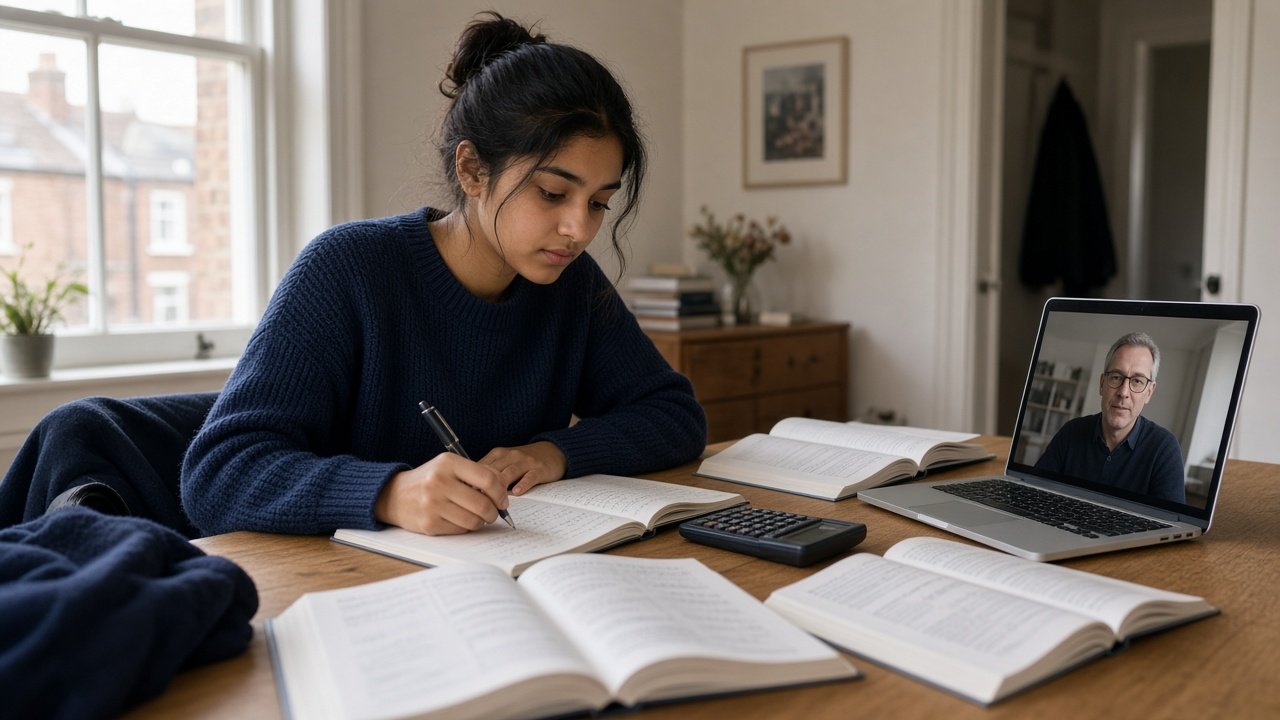 Home-educated A Level student in an online tutoring session at a UK home desk — Nexus Academy