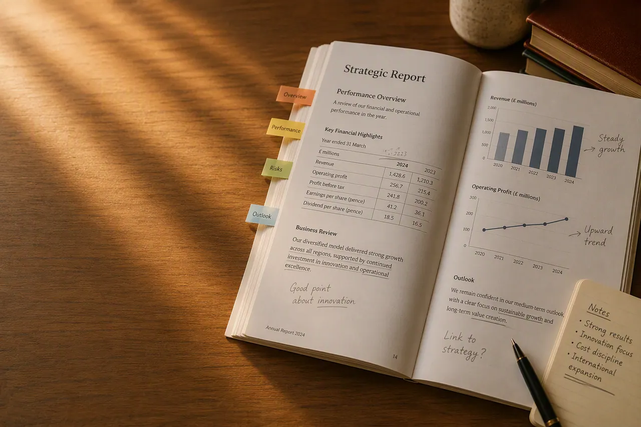 A Level business annual report open at performance figures, tabbed and annotated