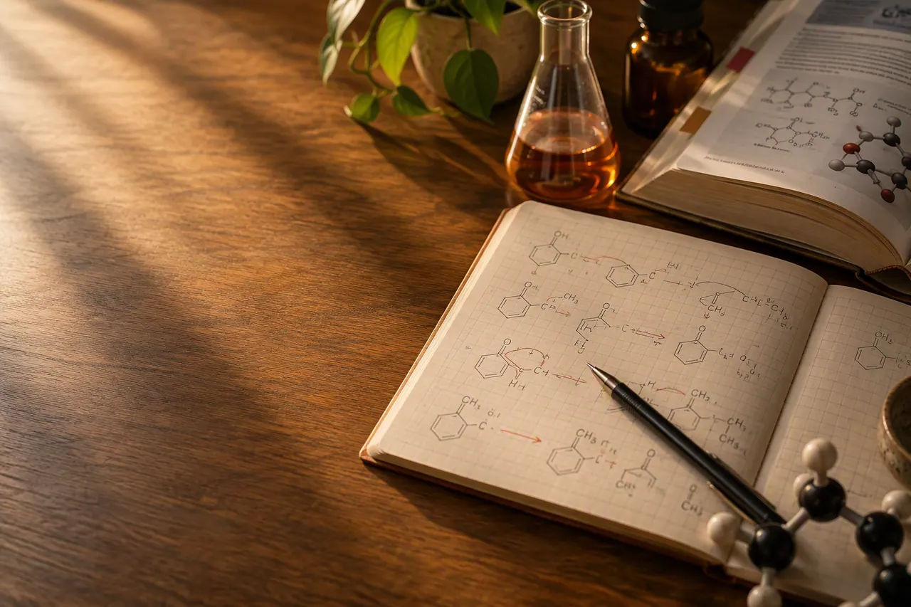 A Level chemistry reaction mechanism drawn out with curly arrows, periodic table at the edge