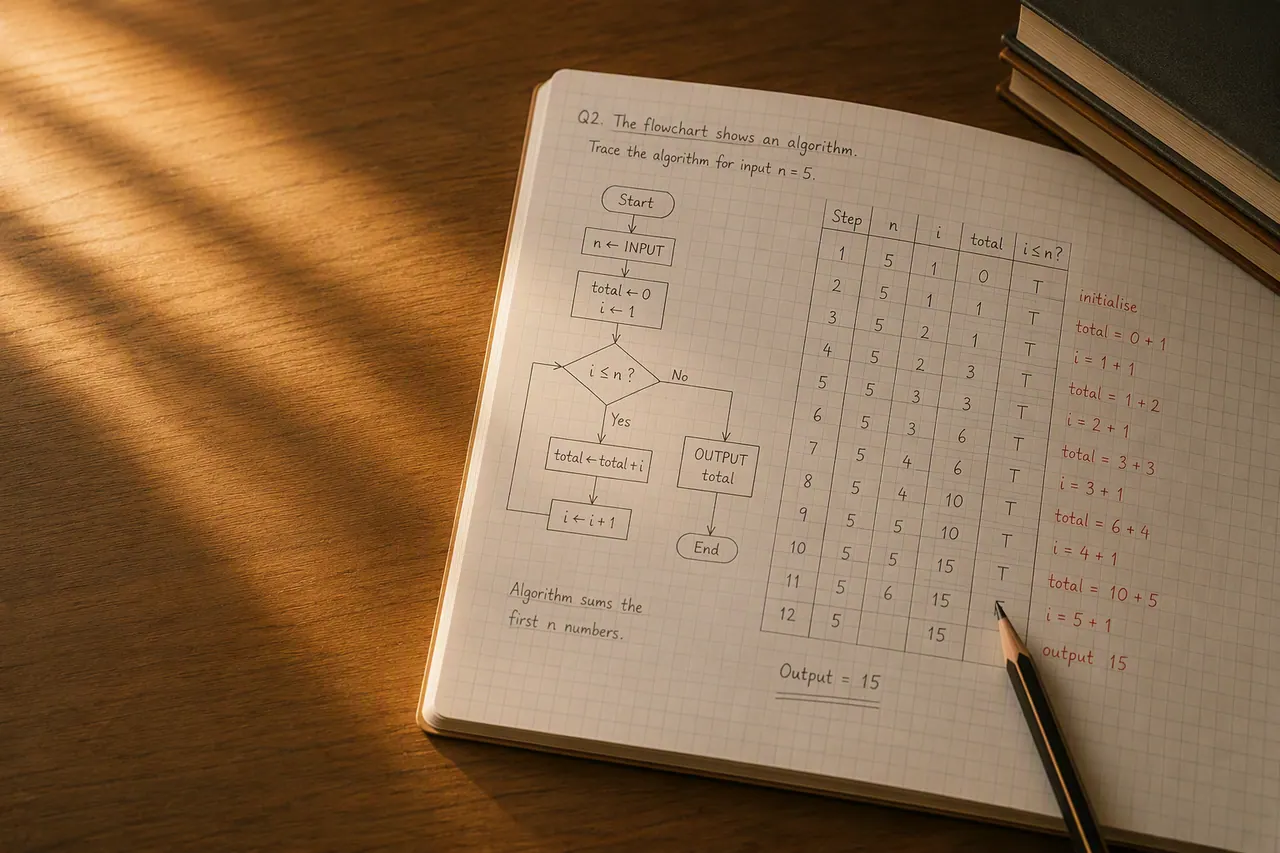 A Level computer science algorithm traced by hand through a step-by-step trace table