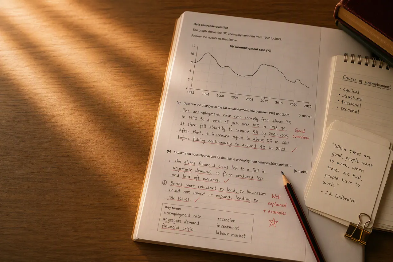 A Level economics data response question with an annotated UK unemployment graph