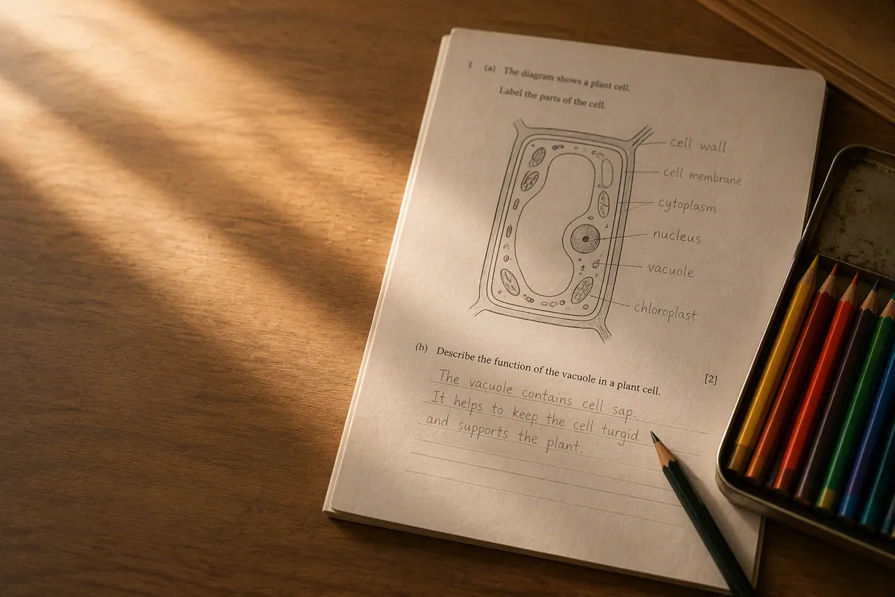 Part-drawn GCSE biology cell diagram being labelled with coloured pencils
