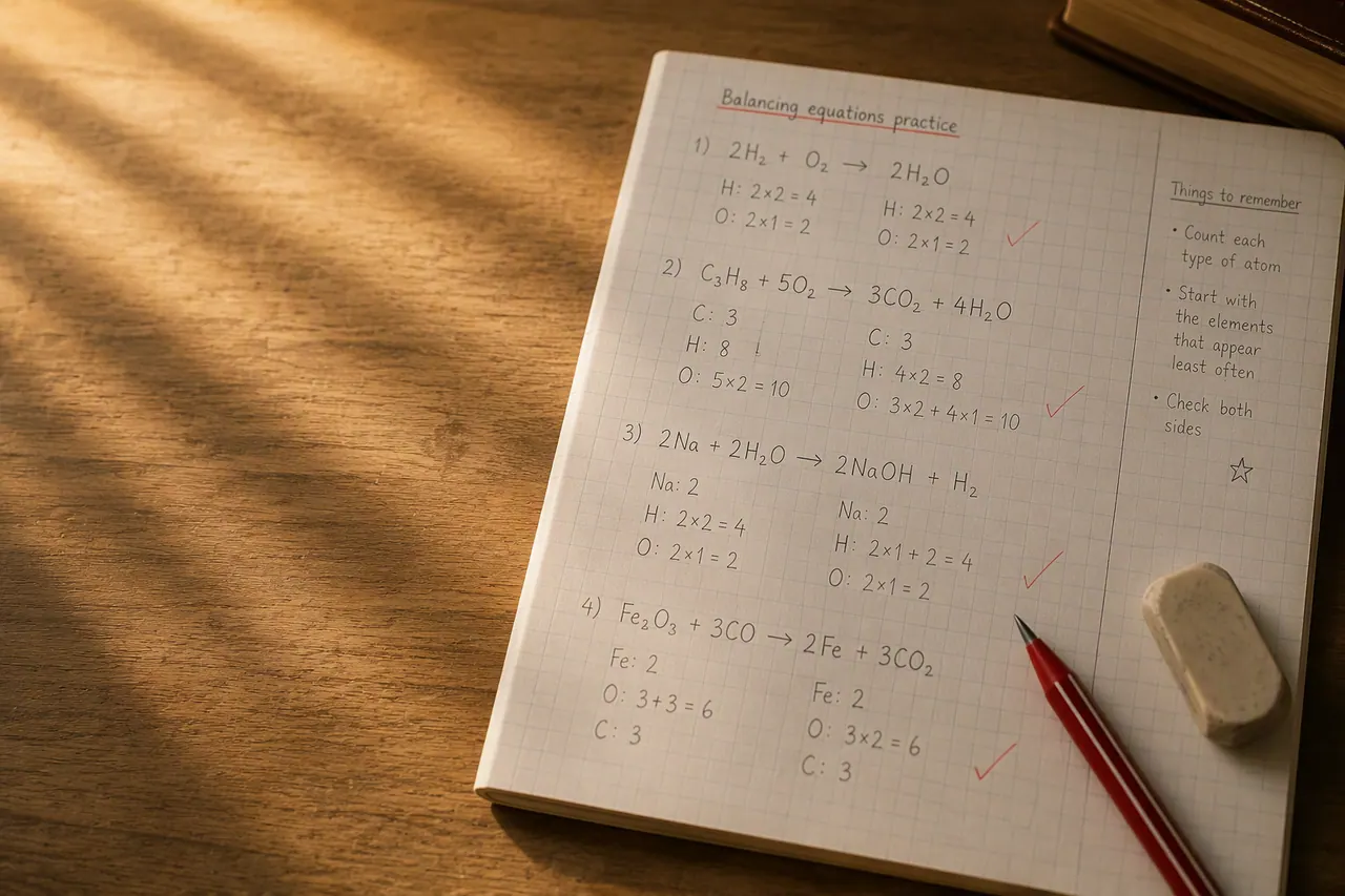 GCSE chemistry balancing equations practice worked through and checked atom by atom