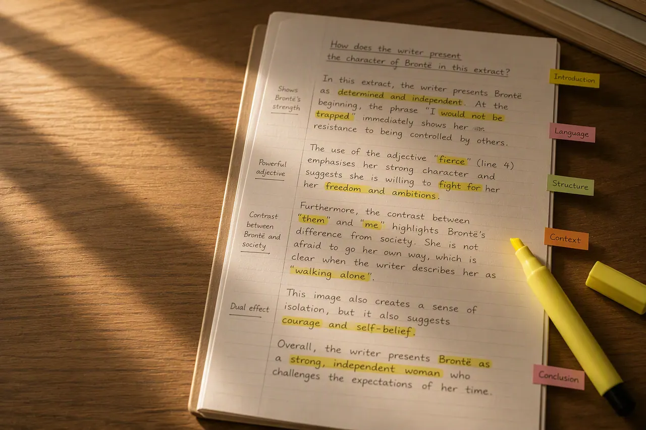 GCSE English literature extract annotated with highlighter and colour-coded structure tabs