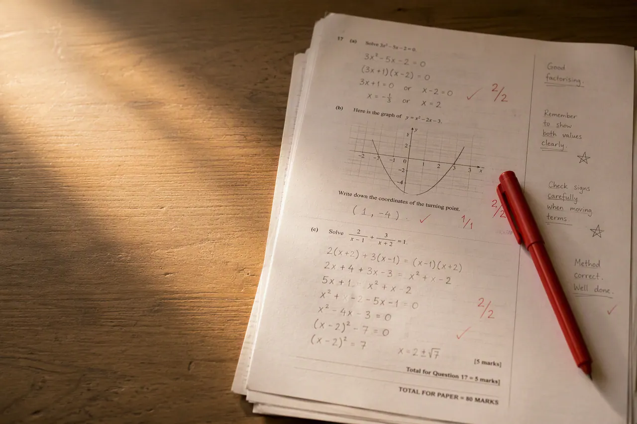 Marked GCSE maths past paper with corrections and method marks noted in red pen