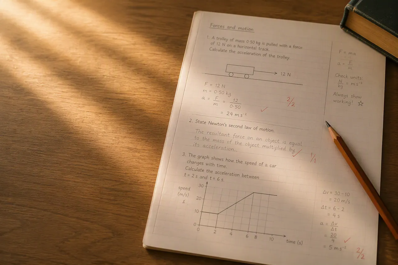 GCSE physics forces and motion questions with acceleration calculations and a marked answer