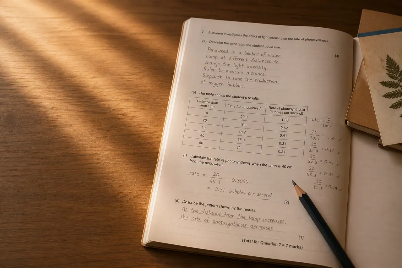 IGCSE biology photosynthesis practical write-up with a part-filled results table