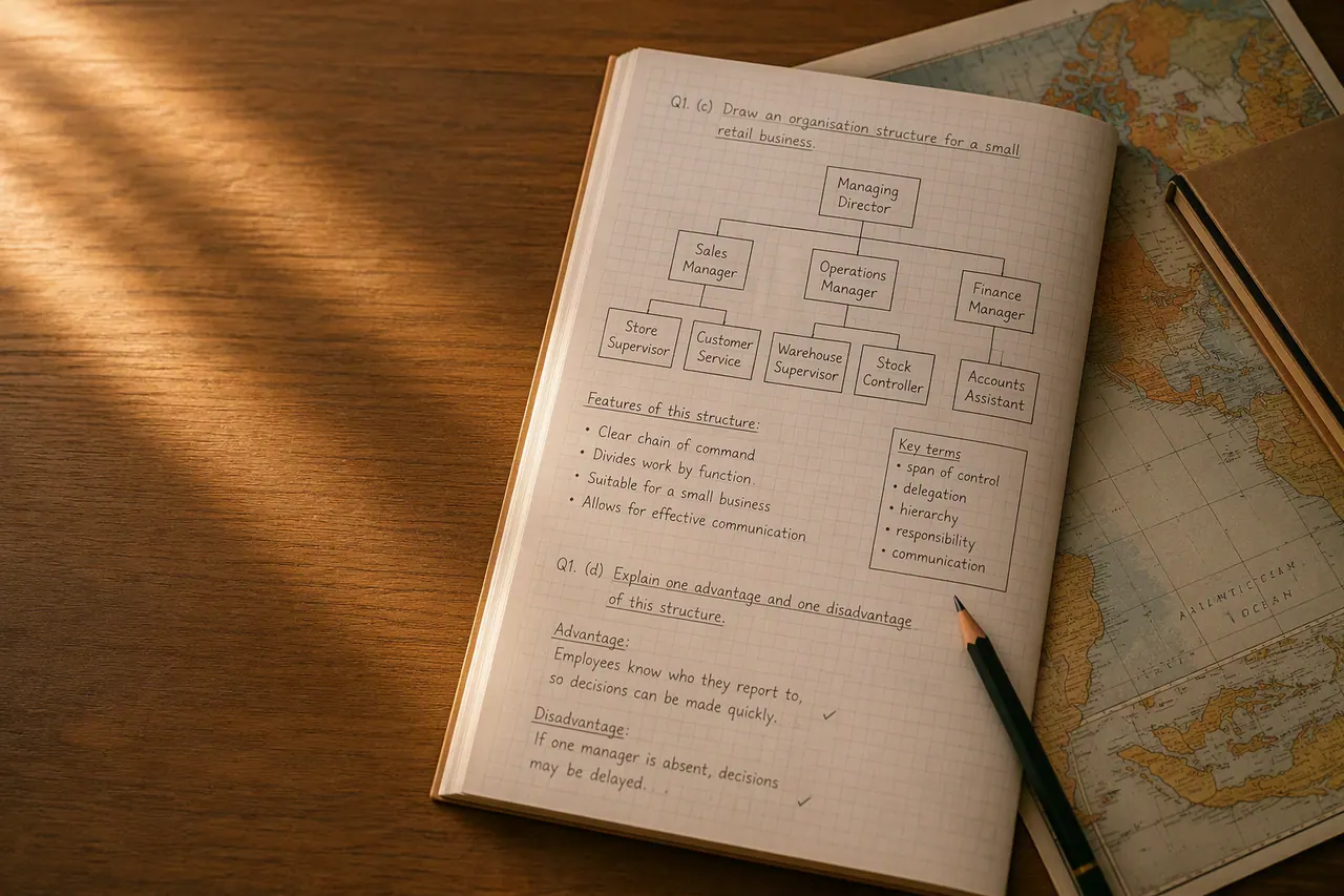 IGCSE business studies organisation chart sketched out with its advantages noted beneath