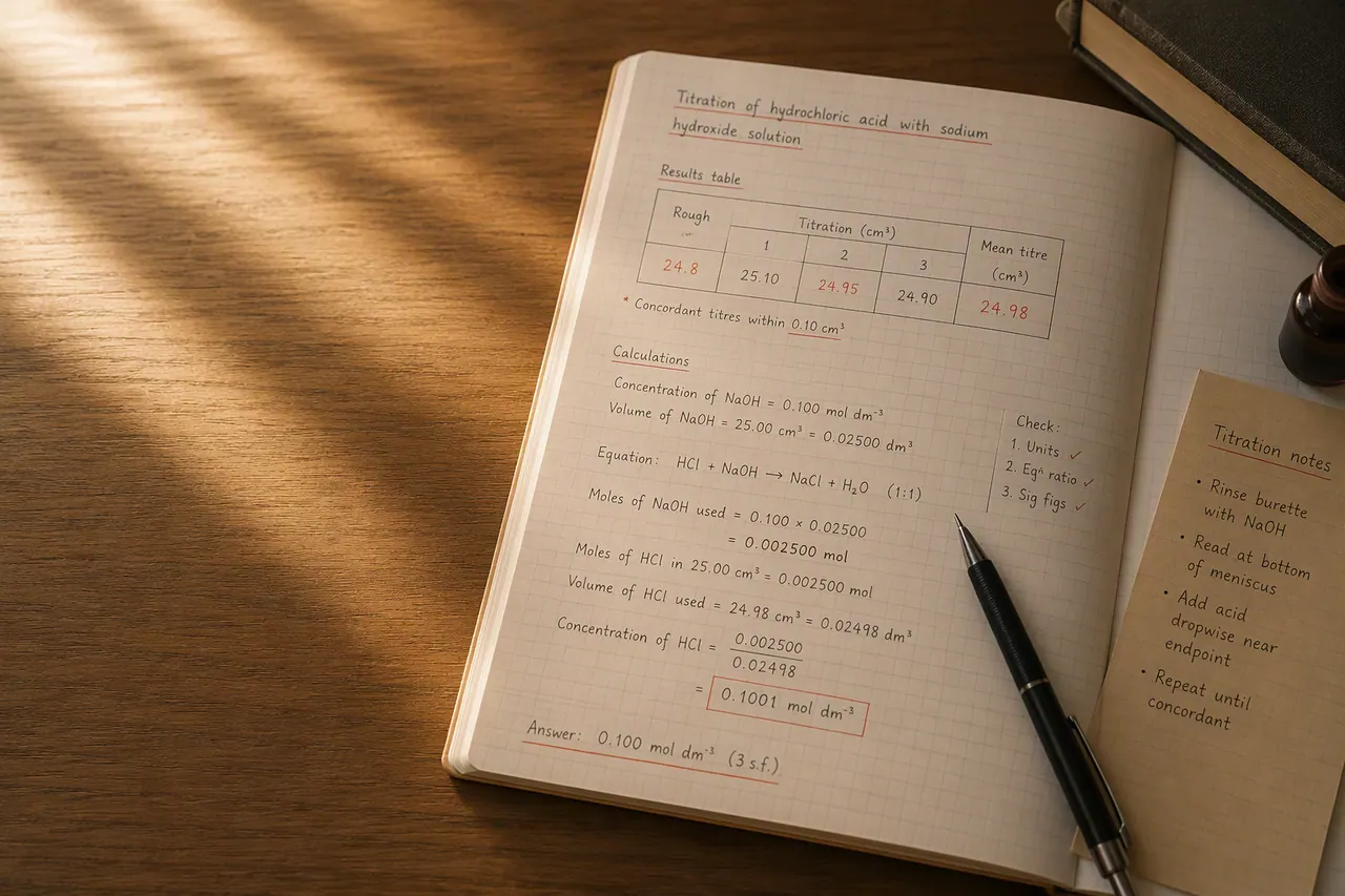 IGCSE chemistry titration calculation worked through to a final concentration