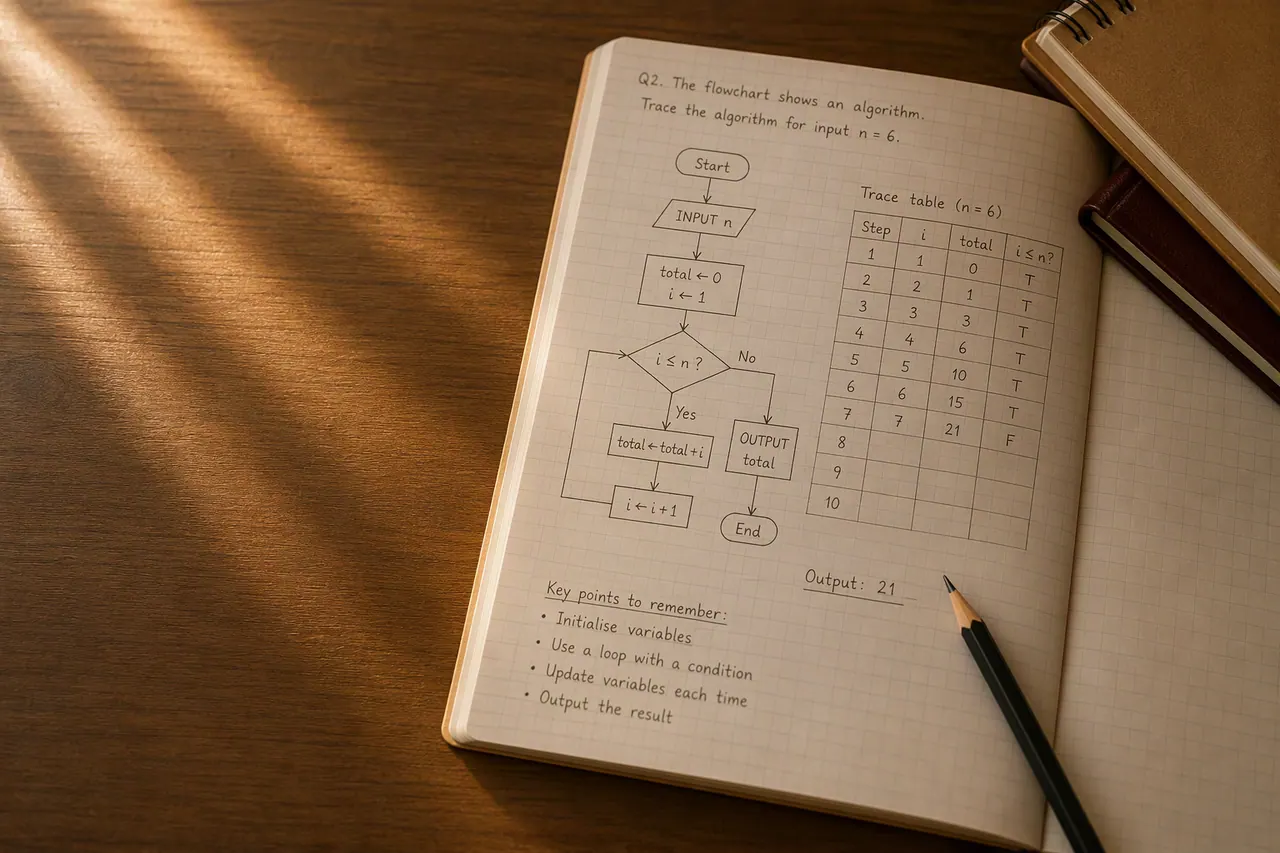 IGCSE computer science flowchart traced through a completed trace table