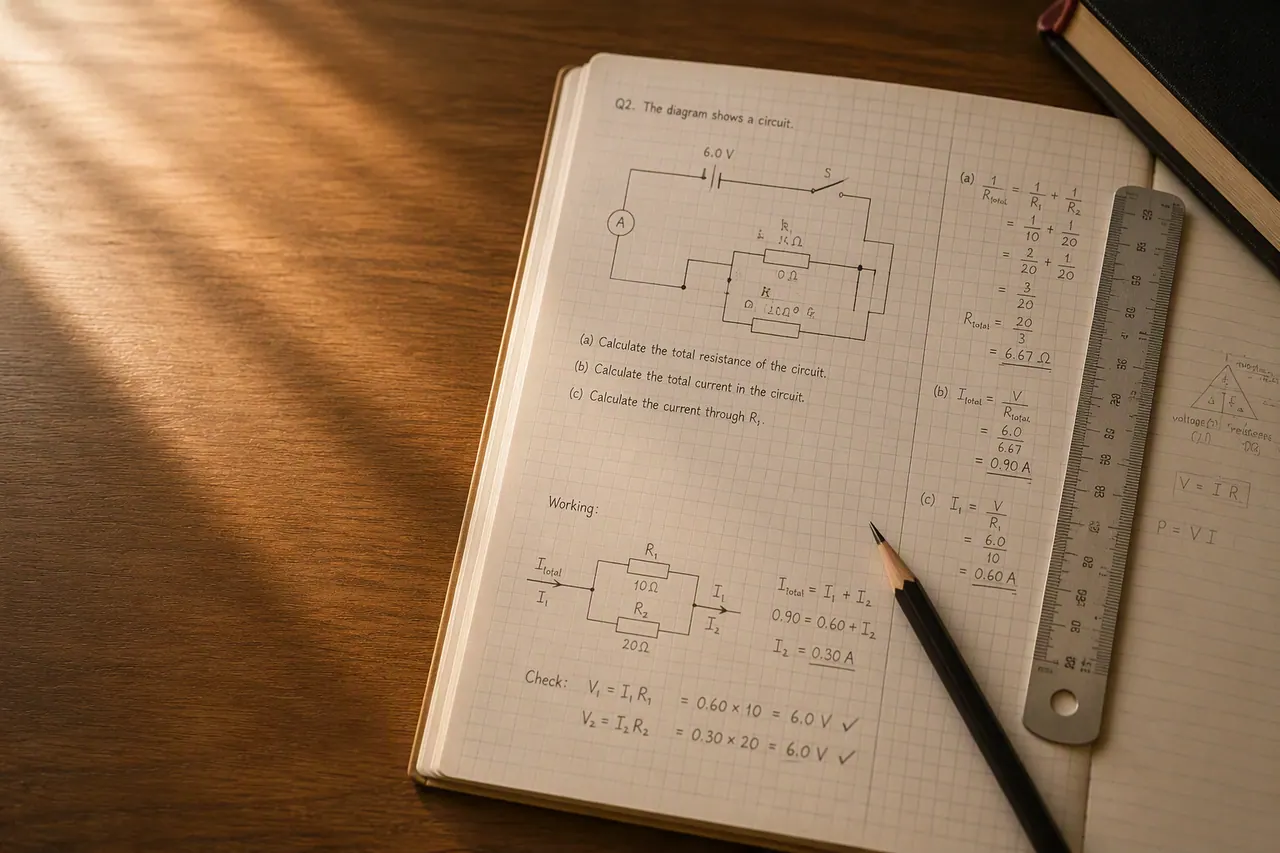 IGCSE physics circuit diagram with total resistance and current calculated and checked