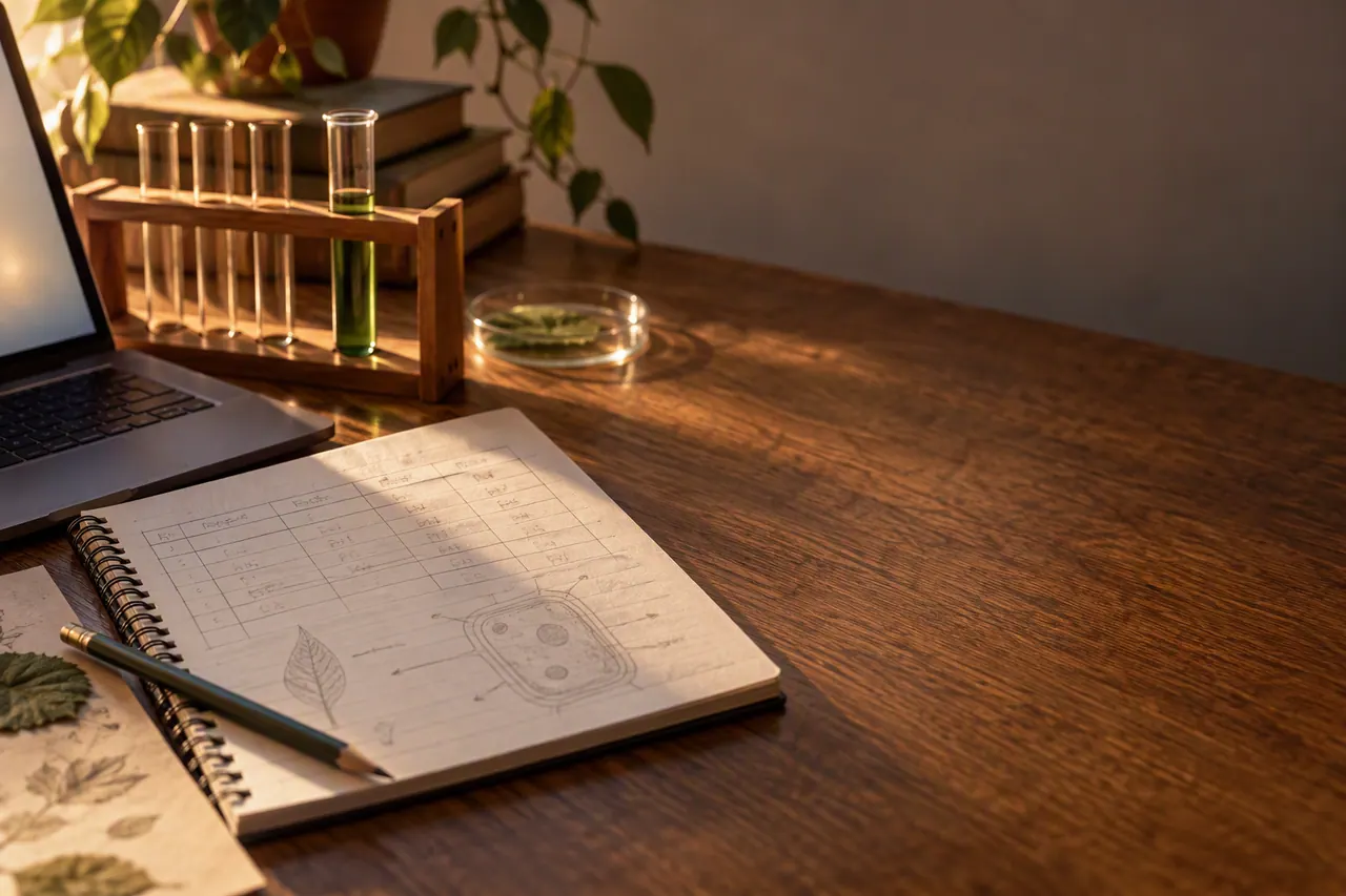 Online IGCSE Biology tutoring at a home study desk with notes, diagrams and a laptop — Nexus Academy