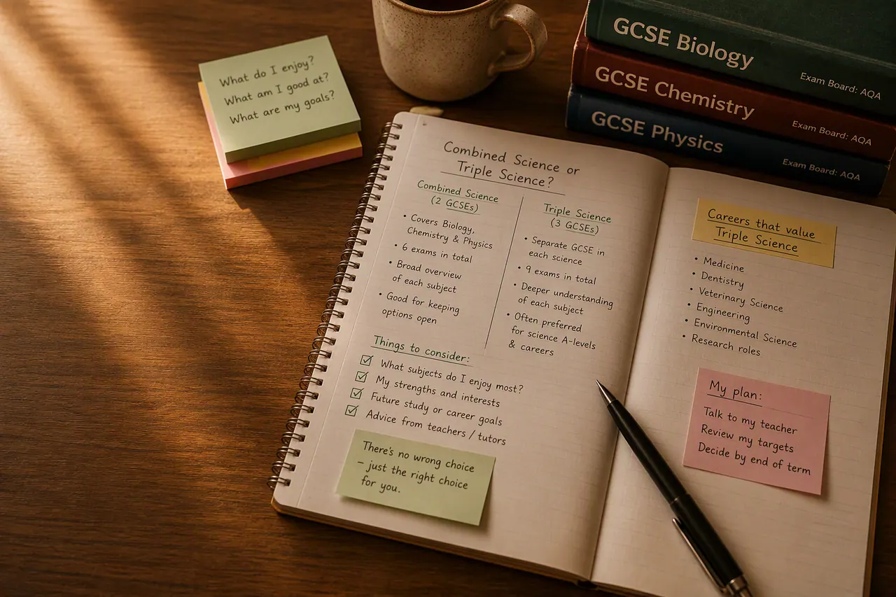 Navy exercise books and stationery on a British school desk for Combined vs Triple Science
