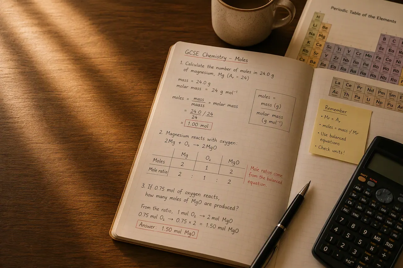 Conical flask, calculator and moles calculation pad on a GCSE Chemistry desk