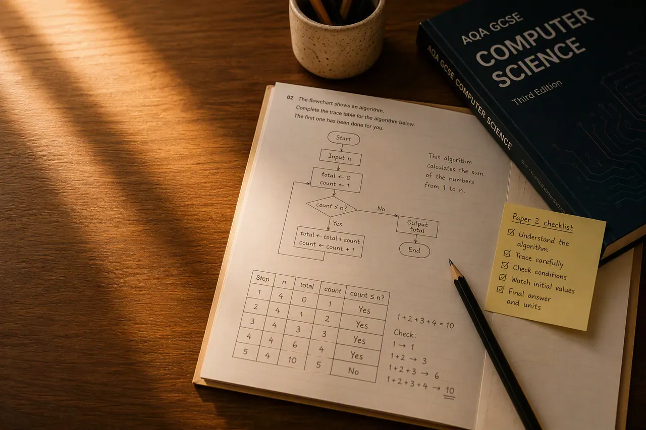 Handwritten trace table and laptop code editor on a UK home study desk