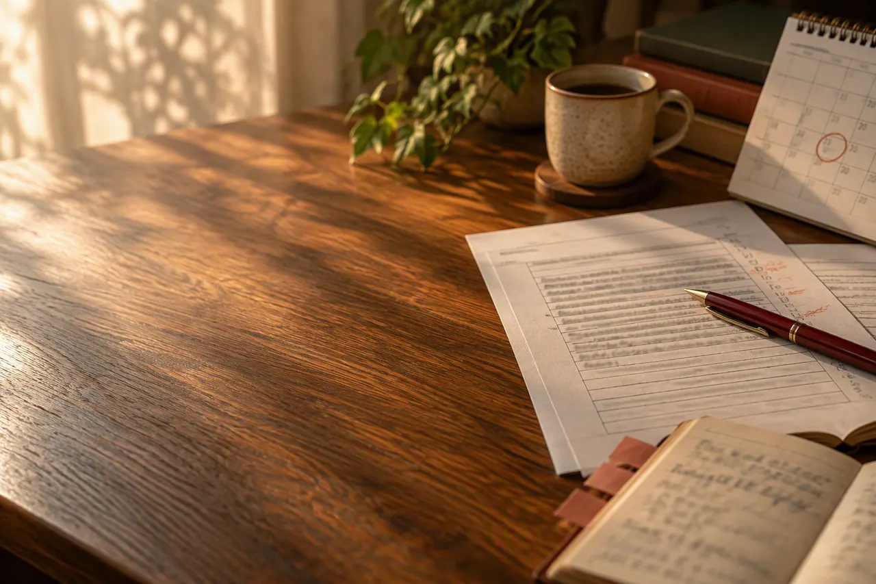 GCSE English Language extract and lined paper on a British kitchen table with a mug of tea